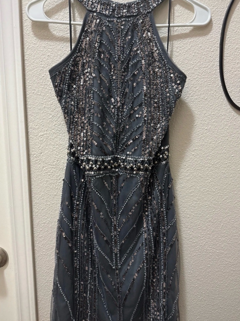 Windsor Charcoal Gray Sequin Halter Prom Dress